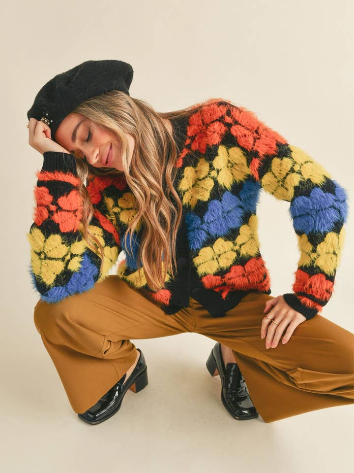 BLACK MULTI SHAGGY KNIT FLORAL SWEATER CARDIGAN MSW10343 for wholesale on Faire2