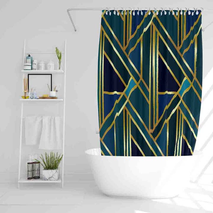 Benjamin Tate Design - Vendita all'ingrosso Tende da doccia - Motivo geometrico dorato e verde acqua (tenda da doccia)1
