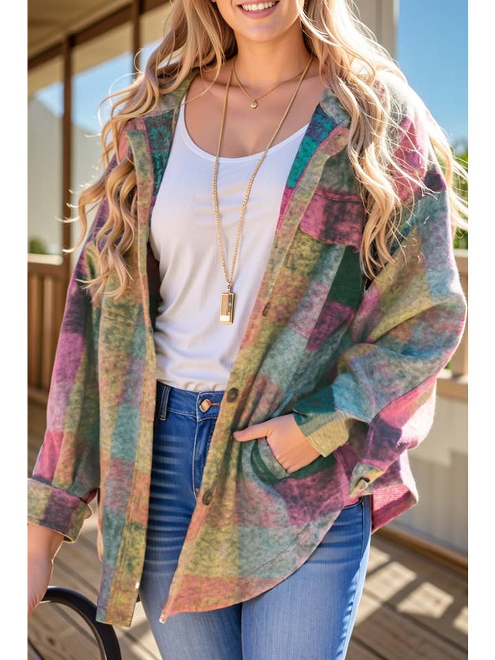 Multi Colored Multicolor Brushed Plaid Pocketed Oversize Shacket (S-L) for wholesale on Faire