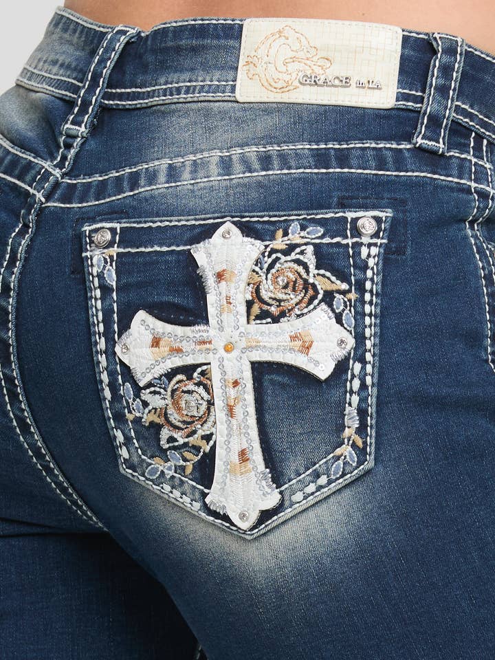 Cross/Floral Modify Mid-Rise Boot cut 30" | EB-S852-RC-30 for wholesale by Grace in LA