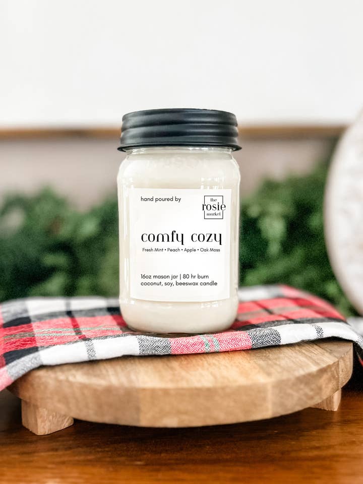 Comfy Cozy 16oz Mason Jar Candle for wholesale by The Rosie Market