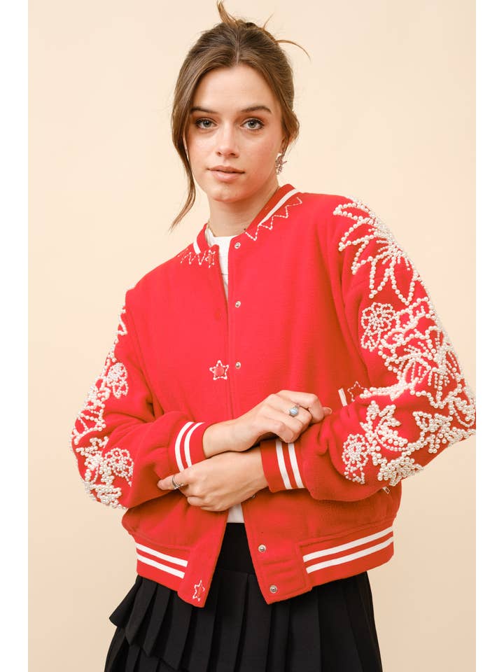 CHEERY RED 22881J - Pearl Embellished Bomber Jacket for wholesale on Faire