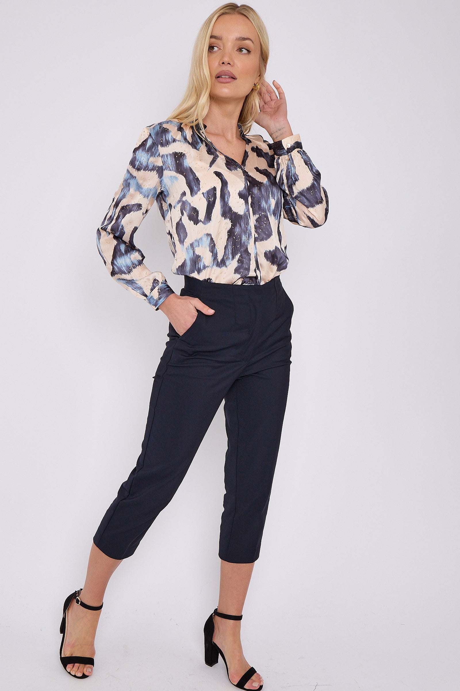 Navy Abstract Print Gold Dotted Blouse for wholesale on Faire4