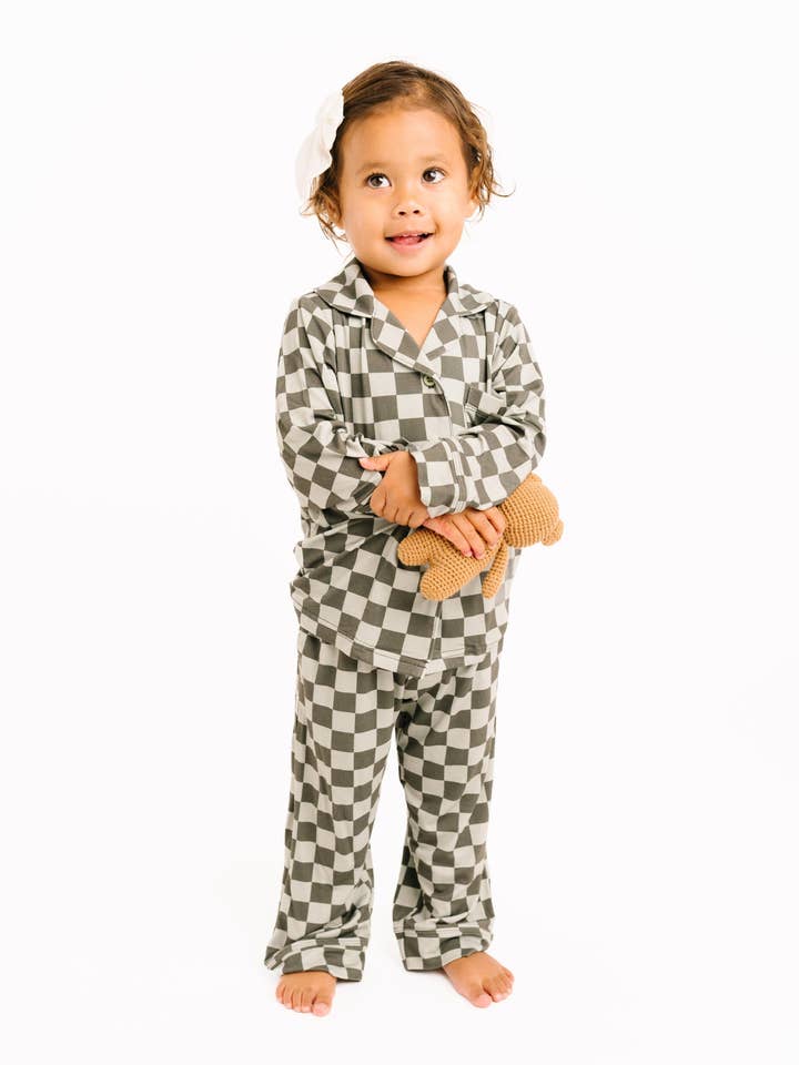 Little One Shop - Wholesale Top & Pant Set - Kids - Pine Checkered Kid Long Sleeve Bamboo Button Up Set4