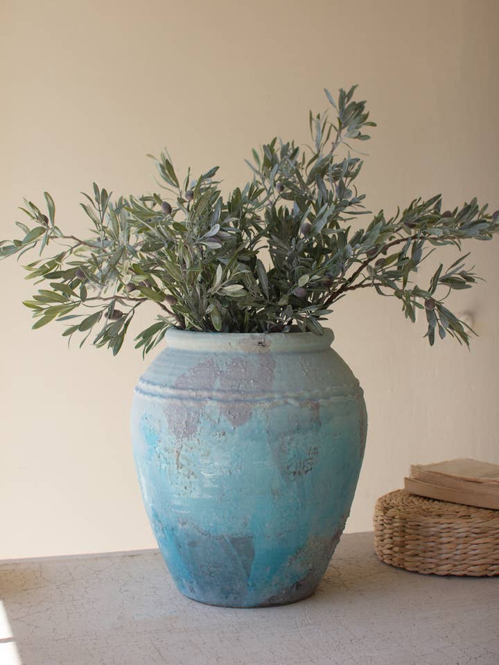 LARGE ANTIQUE BLUE CERAMIC URN WITH WAVY DETAIL for wholesale by Kalalou