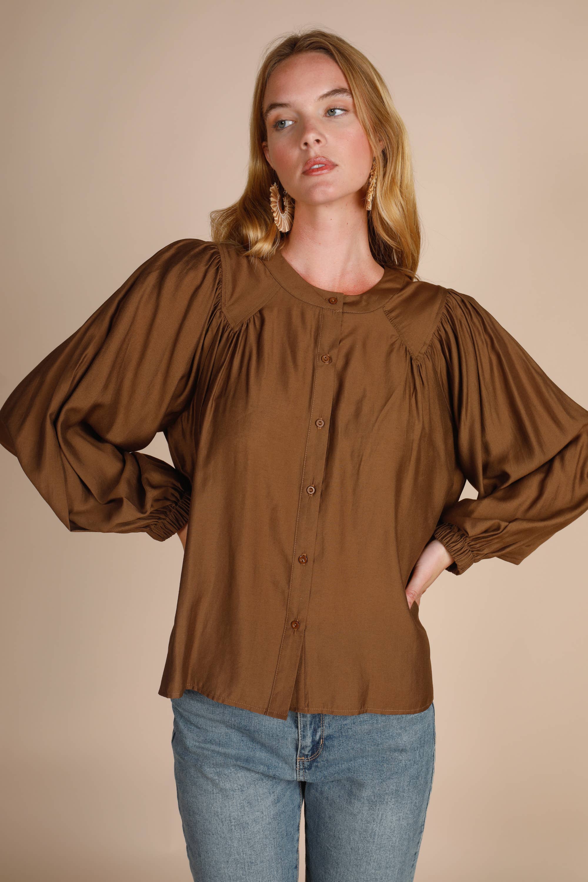 Hers & Mine - Wholesale Button Down Shirt - Women's - BUTTON DOWN V BIAS CUT BALLON SLV BLOUSE3