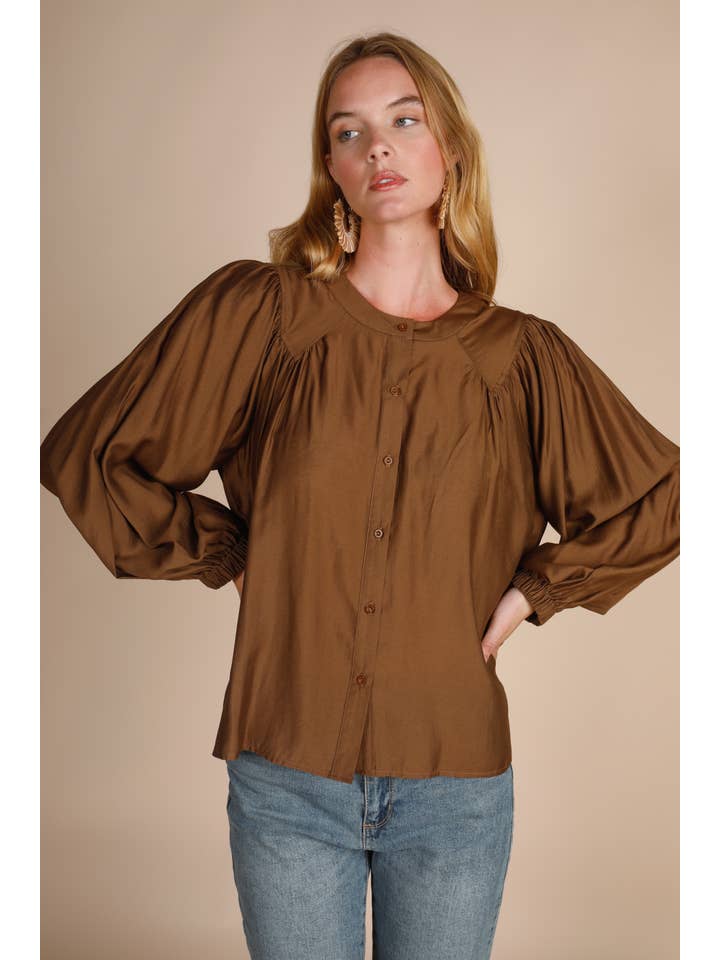 Hers & Mine - Wholesale Button Down Shirt - Women's - BUTTON DOWN V BIAS CUT BALLON SLV BLOUSE3