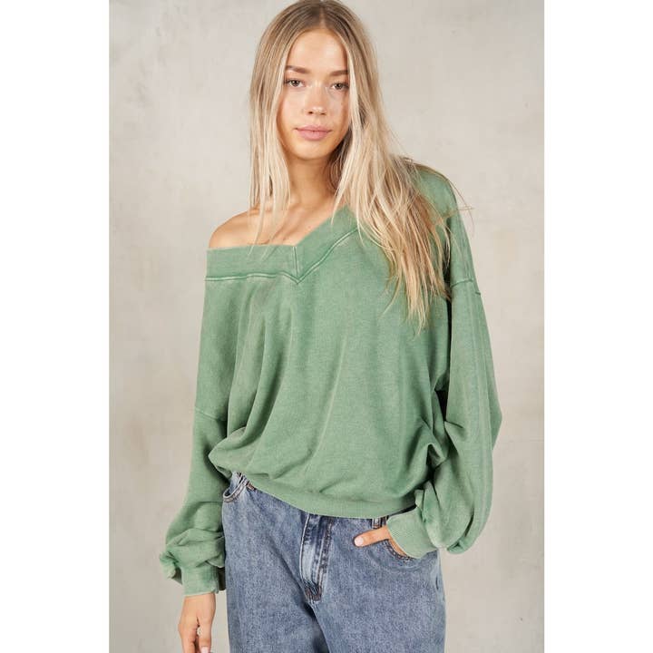 Sudadera con cuello en V y hombros descubiertos y manga de burbujas para venta al por mayor de lalamia