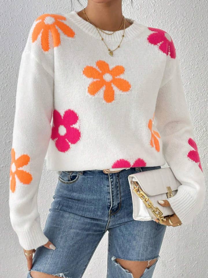 Floral Jacquard Loose-Fitting Crewneck Knitted Sweater for wholesale by Rosa Clothing