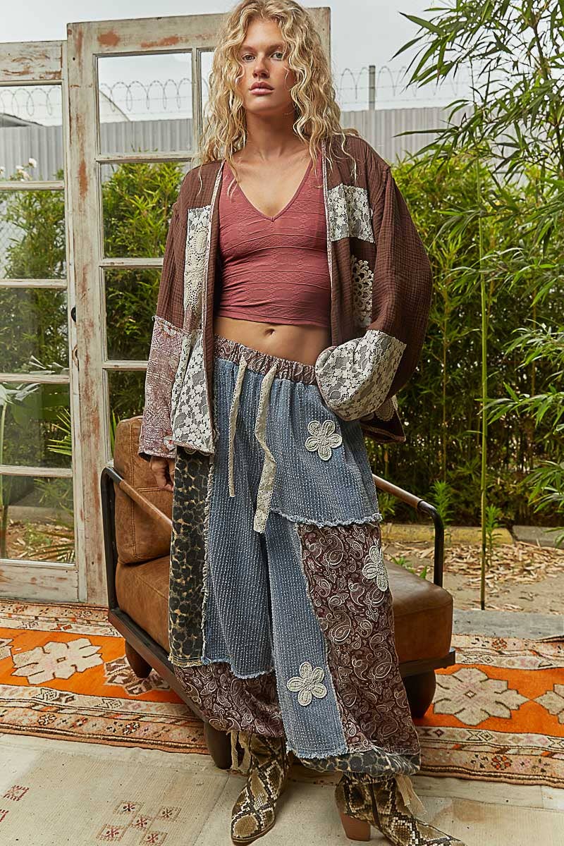 Pol Clothing - Wholesale Cardigan - Women's - Long sleeve double gauze crochet patch cardigan woven top13