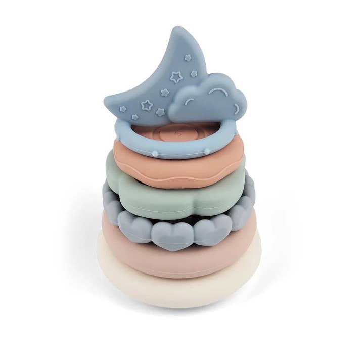 Giocattolo da dentizione con anelli impilabili in silicone - Luna per la vendita all'ingrosso da parte di Zebra Babies