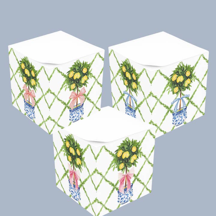 Lemon Topiary Tree with Bow, Chinoiserie Sticky Note Cube for wholesale by Design Carolinas
