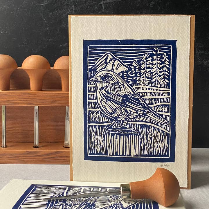 Bluebird hand-printed card (in blue) for wholesale by Trail Skipper Studio