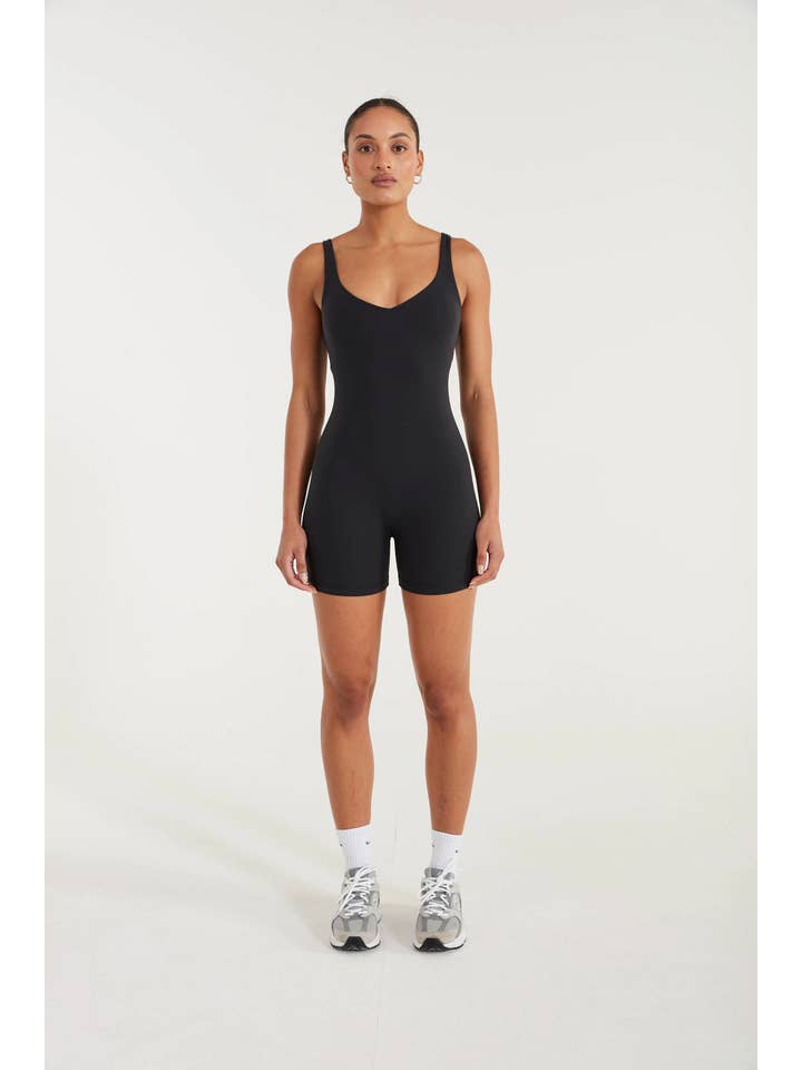 Black EcoSculpt V-Neck Unitard for wholesale on Faire