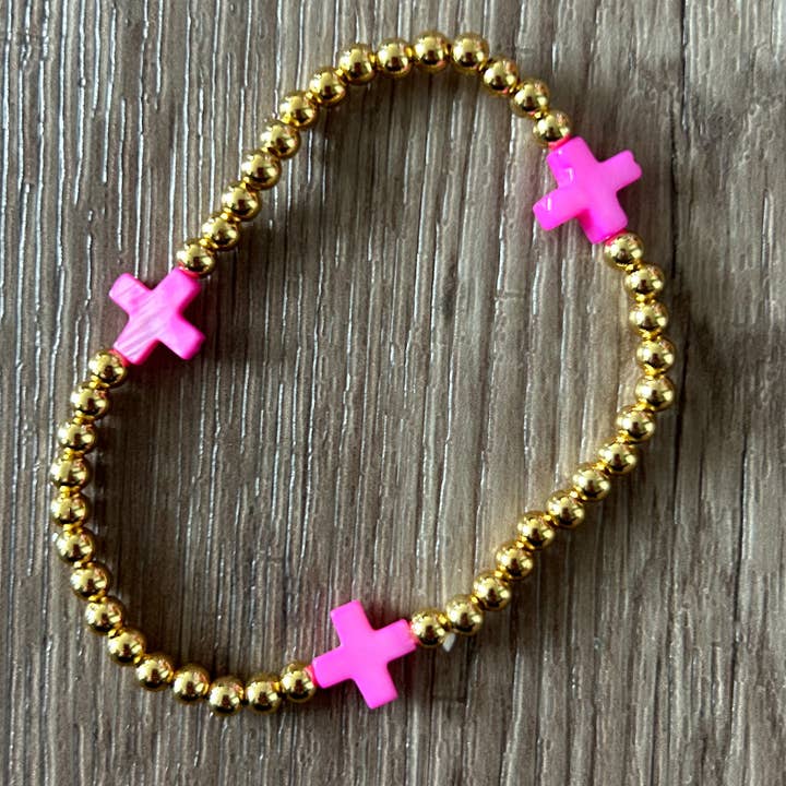 JILLIAN INK LLC - Wholesale Beaded Bracelet - Gold with Colored Cross Beaded Stretch Bracelet