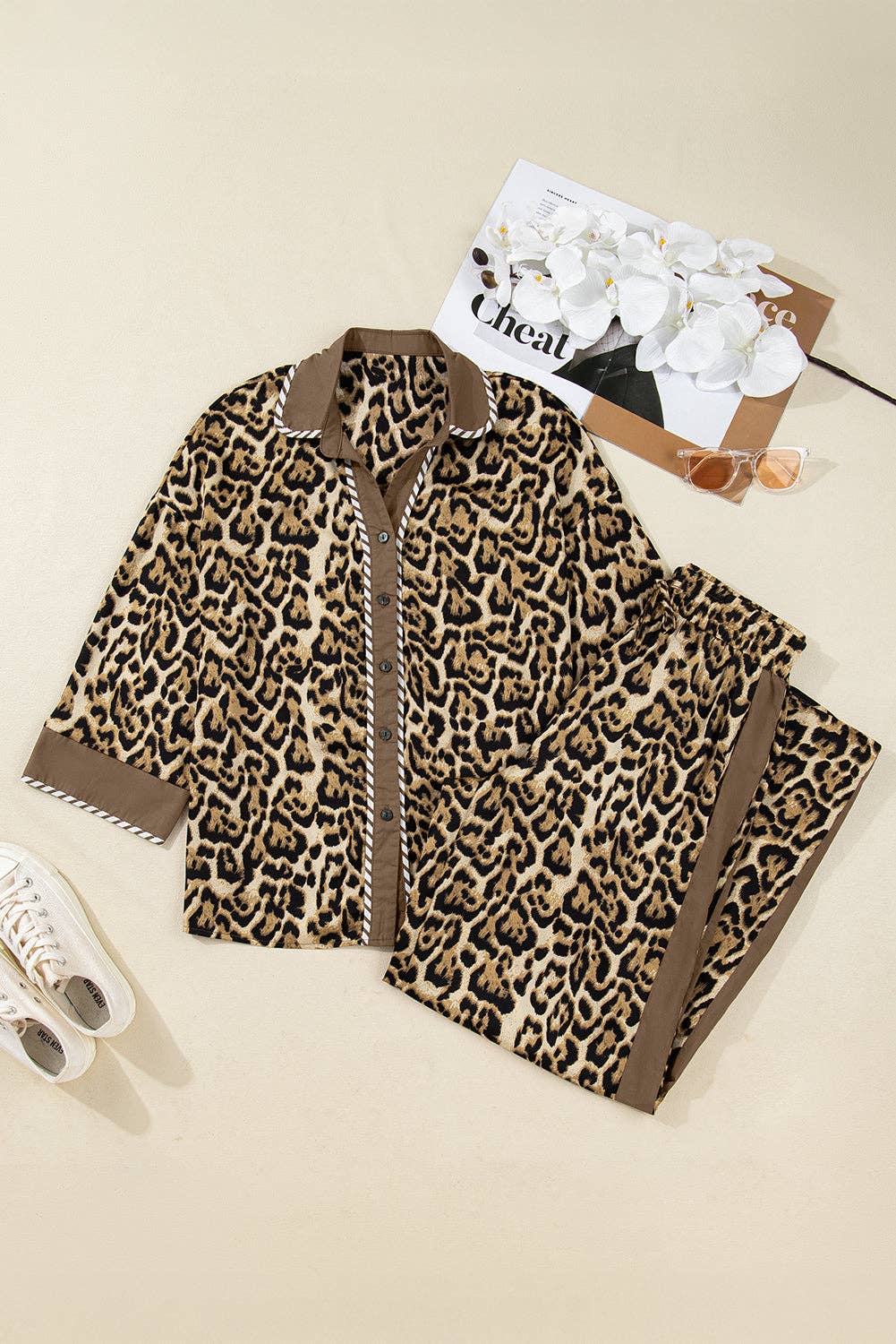 Brown Leopard Collared 3/4 Sleeve Shirt and Pants Set for wholesale on Faire0