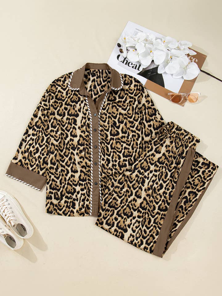 Brown Leopard Collared 3/4 Sleeve Shirt and Pants Set for wholesale on Faire0