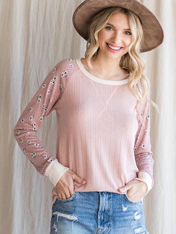 Floral Contrast Casual Knit Top for Women T4526 for wholesale by 7th Ray