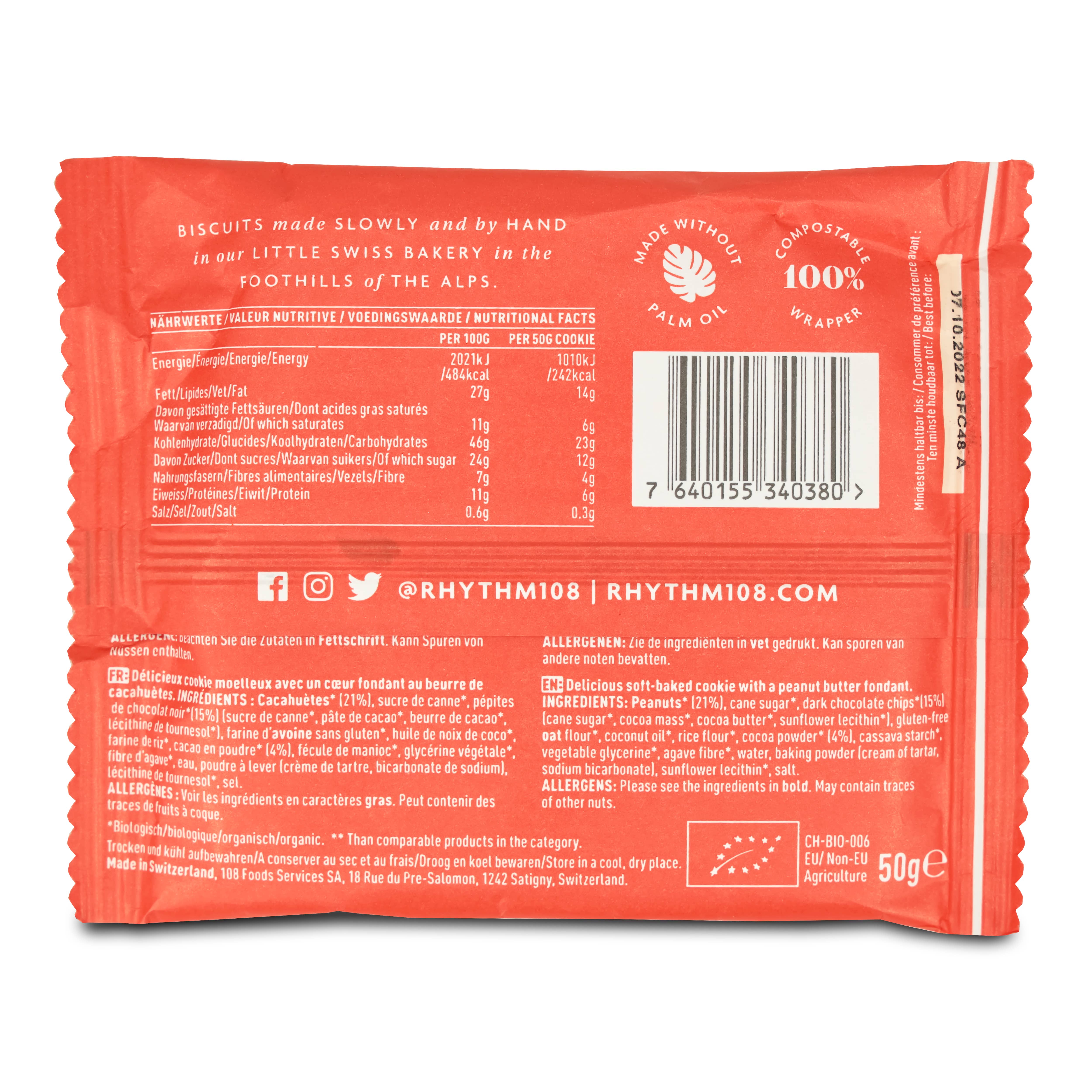 Rhythm108 – Großhandel Cookie – Veganer Schokoladen-Erdnussbutter-Keks mit weichem Kern, 50 g7