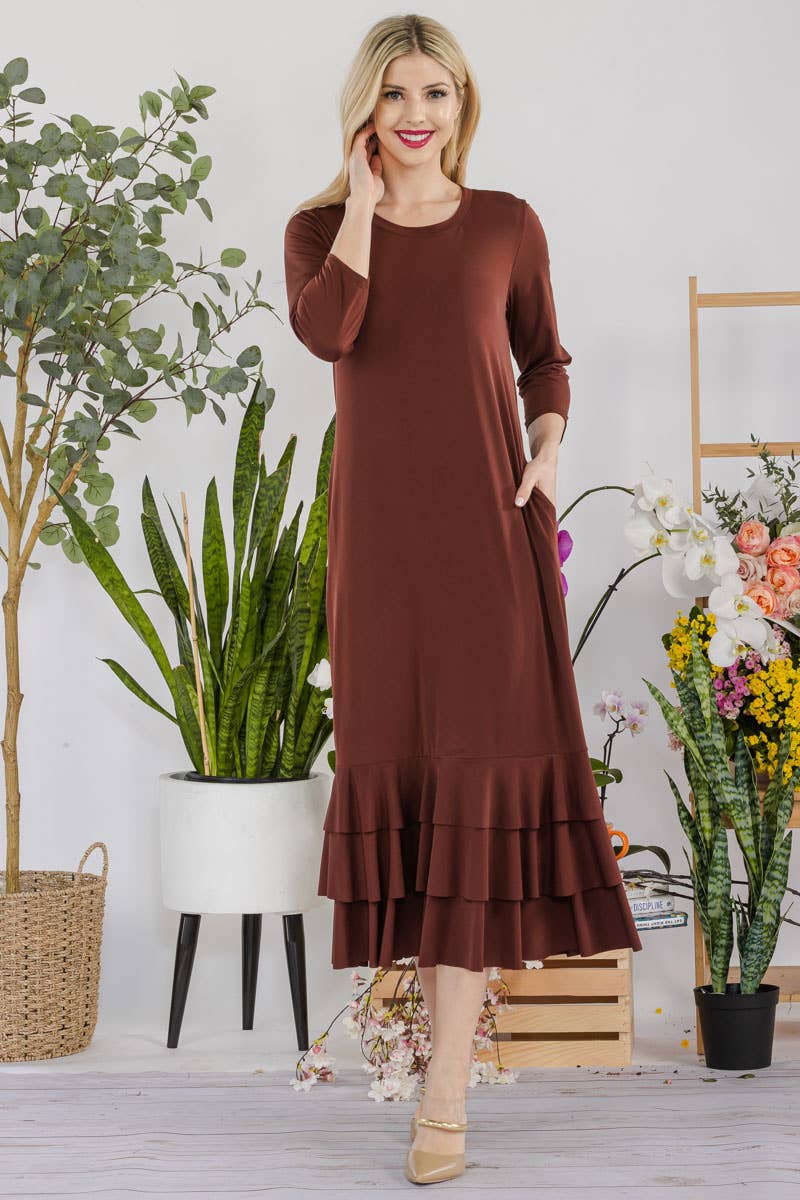 Celeste Clothing – Großhandel Kleid – Damen – Großgrößen-Midikleid mit gestuften Rüschen und 3/4-Ärmeln30