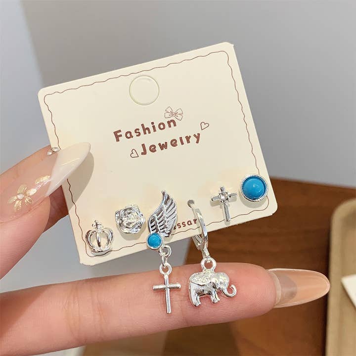 UNISHE - Wholesale Gauge/plug earrings - Vintage Sunflower Bohemian Silver Needle Earrings Set ZK37441