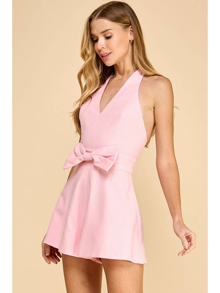 Pink CP10108-Halter Neckline Front Bow Detail Romper for wholesale on Faire2