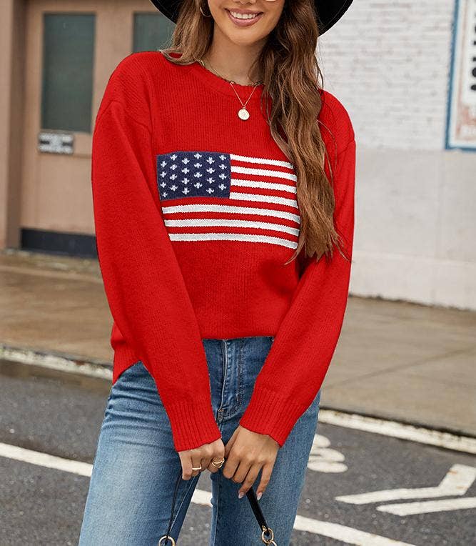 Rosa Clothing - Wholesale Knit Sweater - Women's - USA American Flag Jacquard Slim Knitted Pullover Sweater6