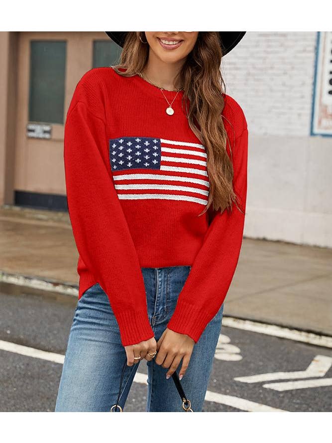 Rosa Clothing - Wholesale Knit Sweater - Women's - USA American Flag Jacquard Slim Knitted Pullover Sweater6