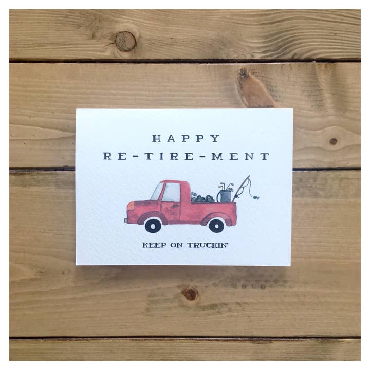 Retirement – Punny Red Pickup Truck Illustration & Greeting for wholesale by kenziecards
