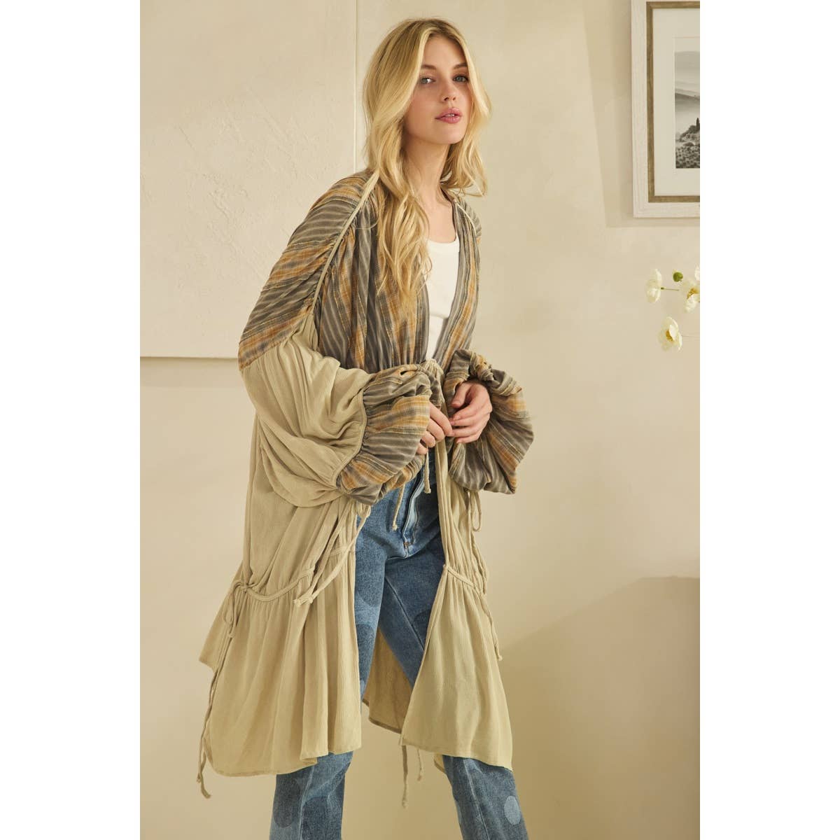 Oli&Hali - Wholesale Cardigan - Women's - WASHED FRONT TIE DRAWSTRING CLOSURE DUSTER4