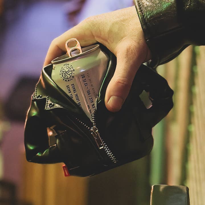 Insulated Can Cooler - The Rebel - Motorcycle / Biker Jacket for wholesale by Puffin Drinkwear