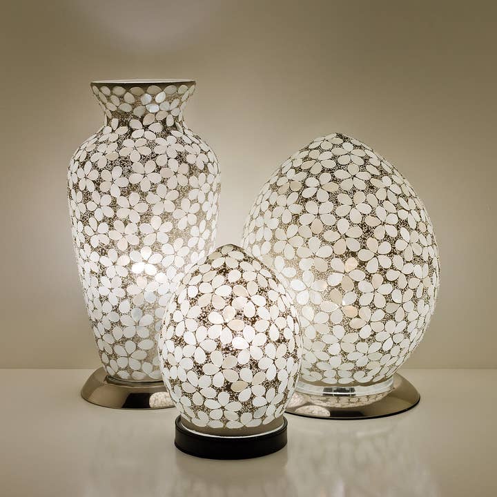 Febland - Wholesale Accent/Desk Lamp - Mosaic Glass Egg Lamp 30cm - Opaque White Flower1