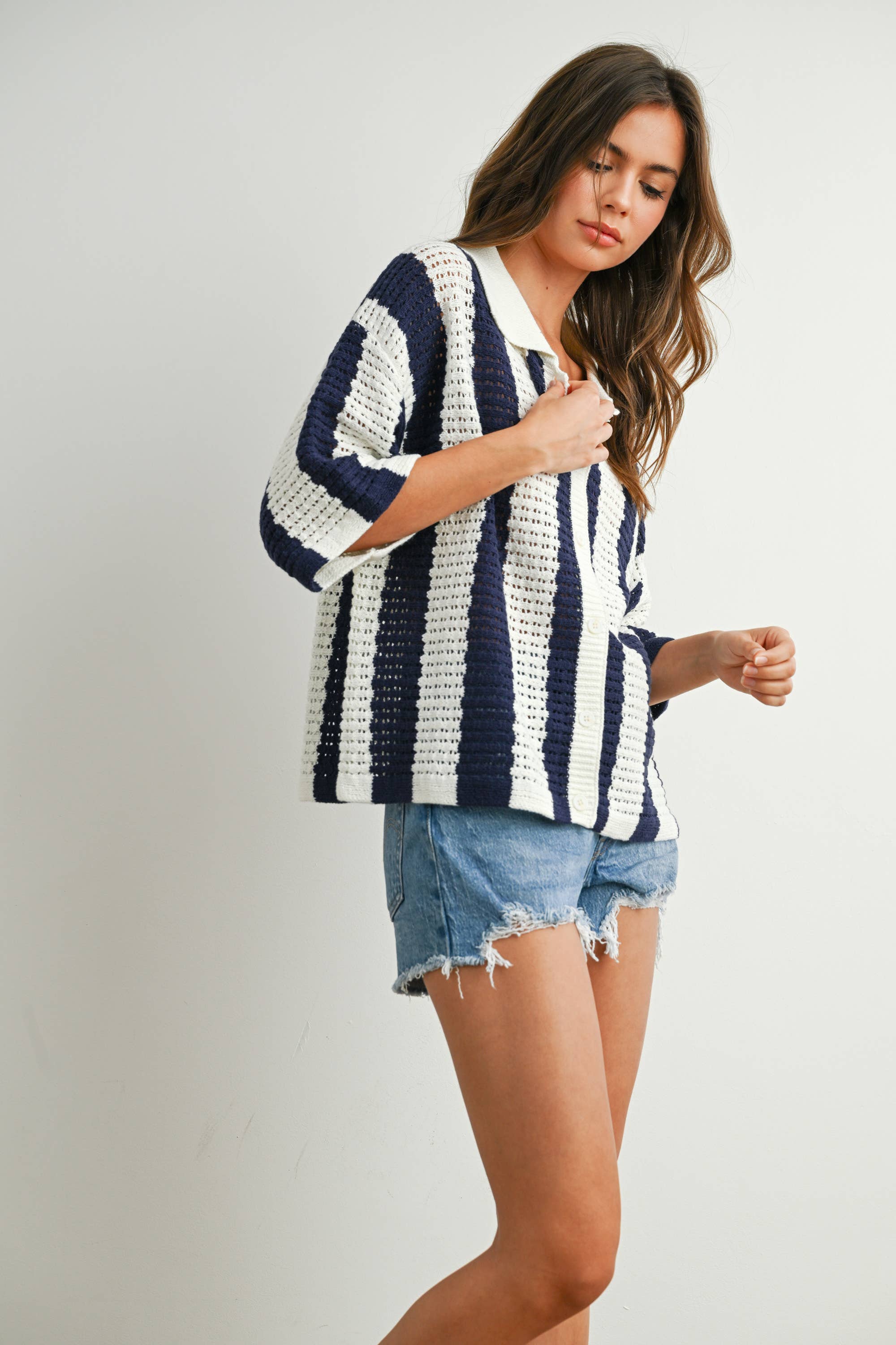 BUTTERMELON - Venta al por mayor Jersey de punto - Mujer - Jersey de Punto a Rayas con Botones - BMW77429