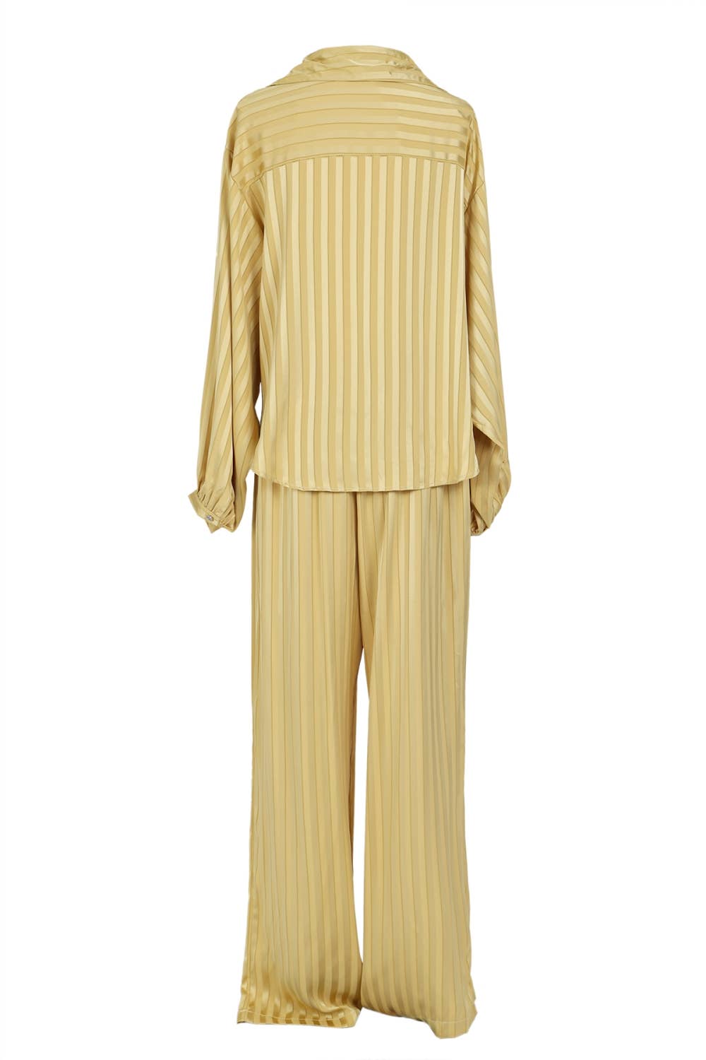 Beulah Style - Wholesale Top & Pant Set (NOT Loungewear) - Women's - Striped Satin V-Neck Collared Shirt & Pants Set QC62743