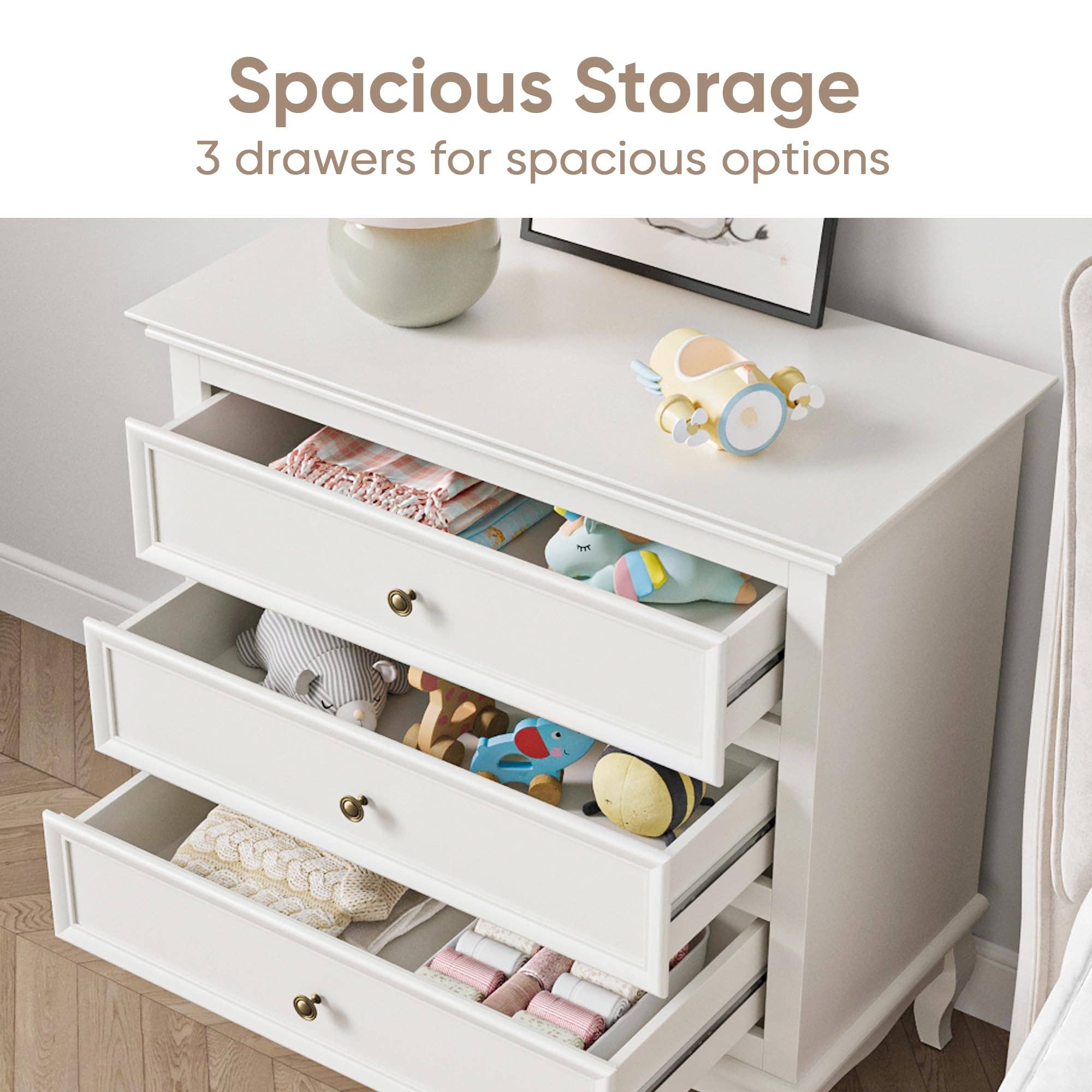 Heynemo - Wholesale Cabinet - White 3 Drawer Dresser for Bedroom, Wide Chest of Drawers4