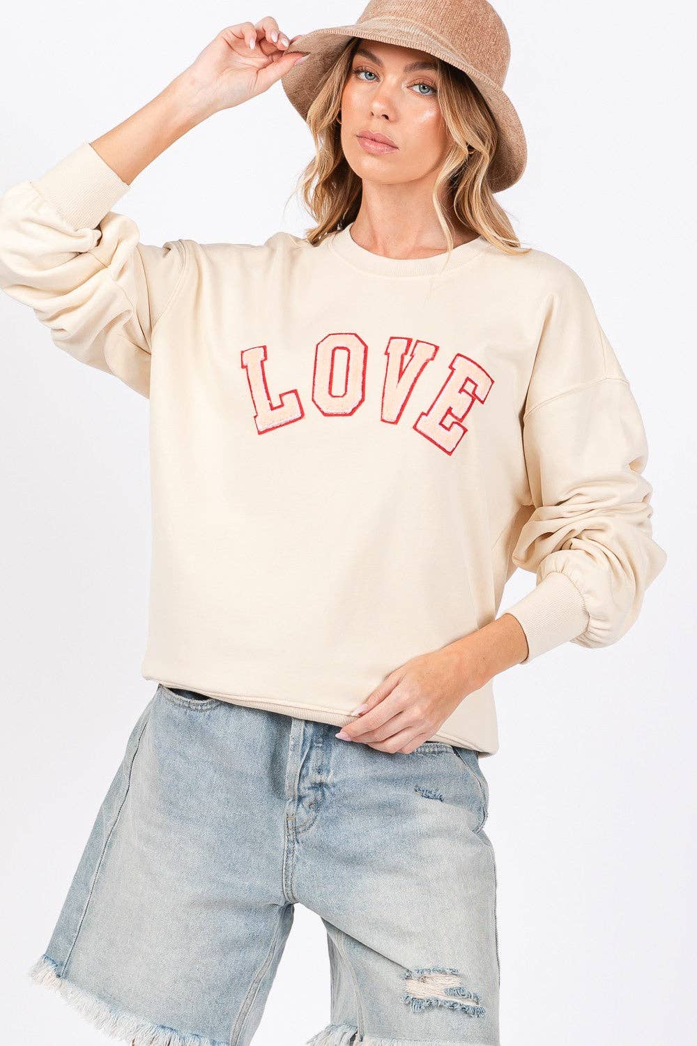 Ivory SAGE + FIG LOVE Path Applique Drop Shoulder Sweatshirt for wholesale on Faire5