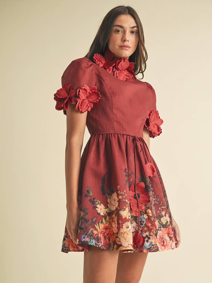 3D Floral High Neck short sleeve Mini Dress for wholesale by EB LUXE