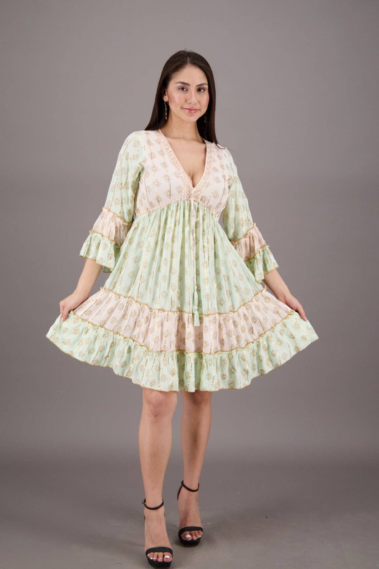 Advance Apparels - Wholesale Dress - Women's - 3/4 Sleeve V-Neck Boho Gleam Dress 249325