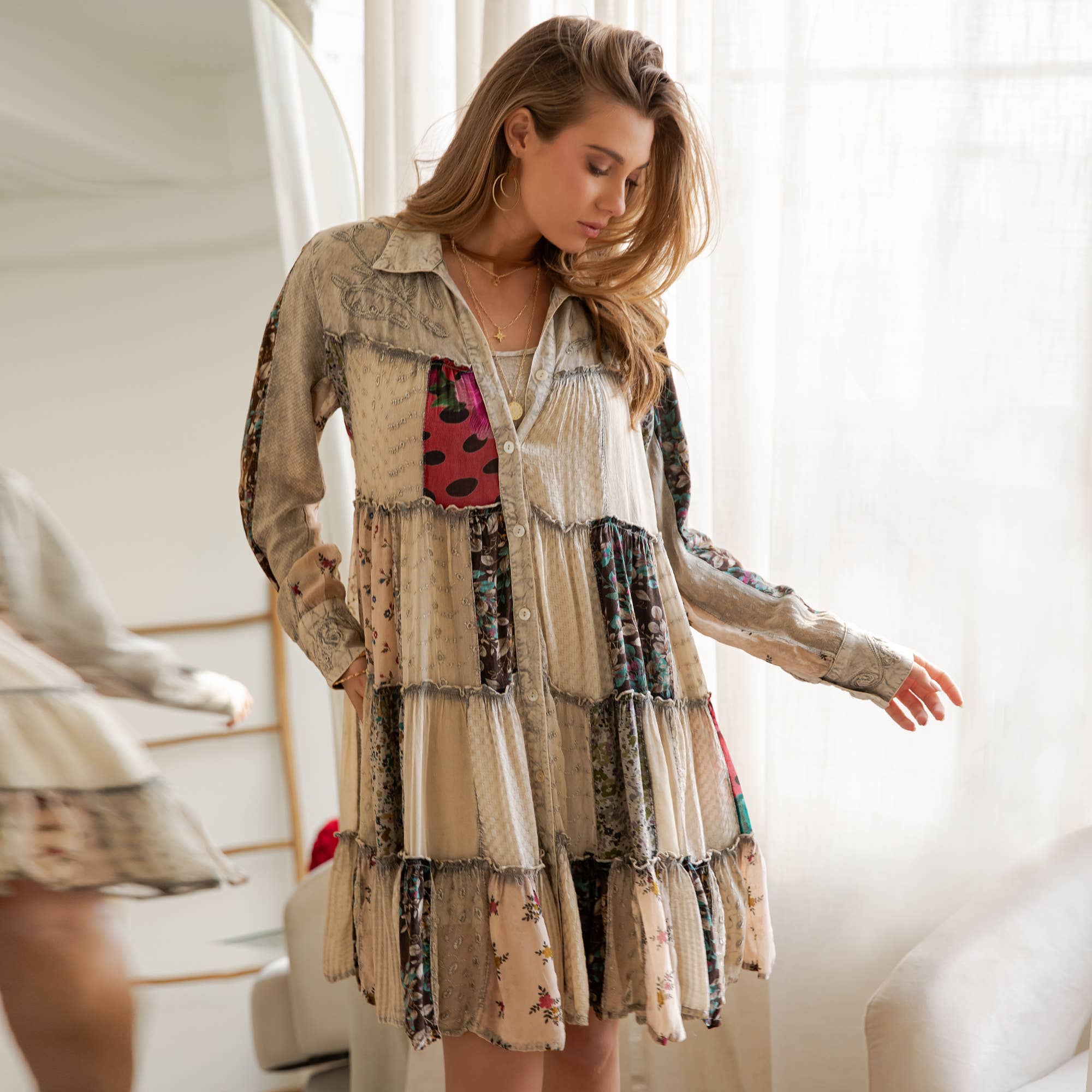 Young Threads - Wholesale Dress - Women's - Artisan Embroidered Jhabla Shirt Dress in Mixed Motifs PLUS17