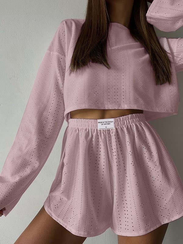 Rosa Clothing - Wholesale Lounge Set - Women's - Eyelet basic long sleeve overfit loose tee lounge shorts set5