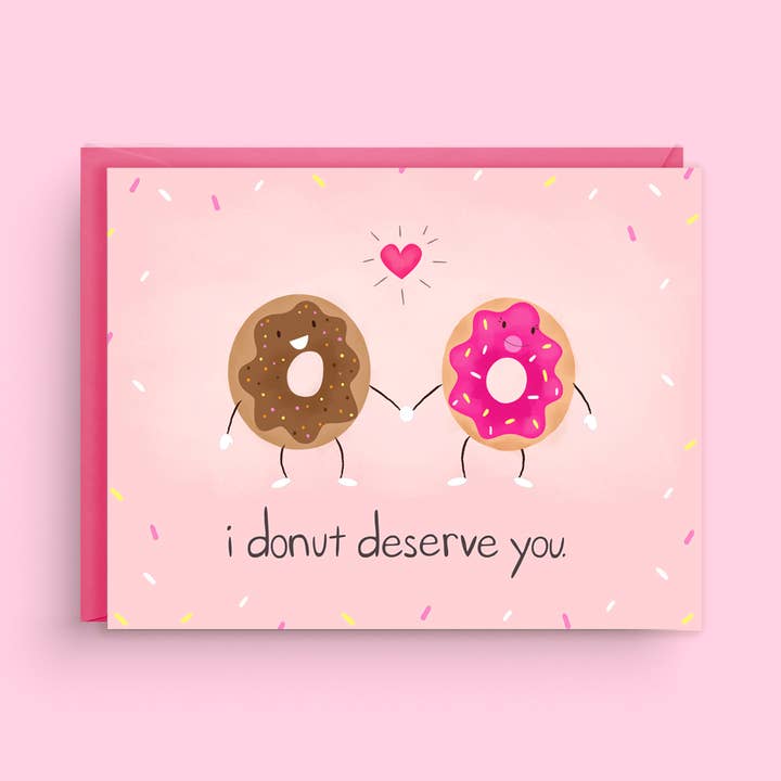 Biglietto Donut Love con scritta «I Donut Deserve You», divertente gioco di parole per la vendita all'ingrosso da parte di Nicole Marie Paperie