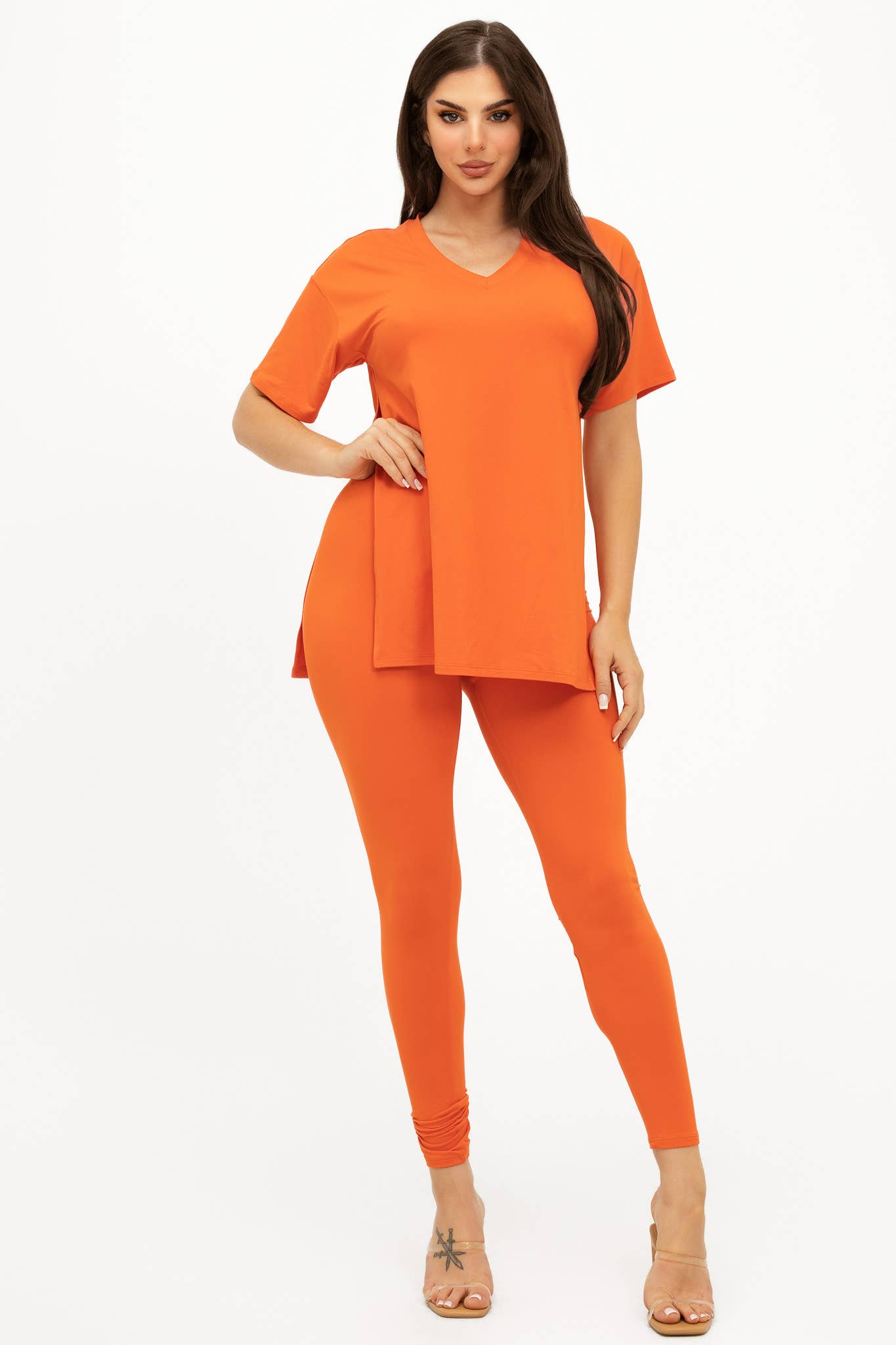 Julia by LoveJ - Wholesale Top & Pant Set (NOT Loungewear) - Women's - V Neck Side Slits Basic Top And Leggings Set14