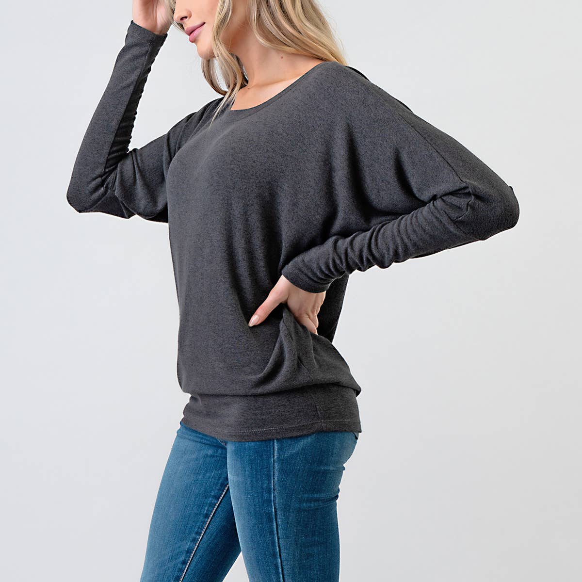 Heimious - Vente Haut en maille – femme - Haut en tricot Hacci à manches longues et col rond à manches Dolman, 270116