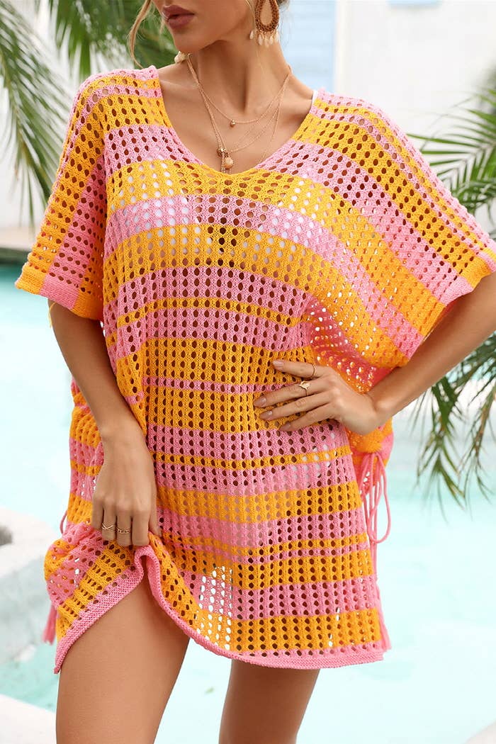 Lily Clothing - Vente Cache-maillot – femme - COUVRE-MAILLOT DE BAIN EN TRICOT CREUX À MOTIFS À RAYURES CWMW0028_8