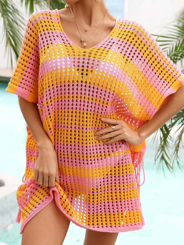 Lily Clothing - Wholesale Swim Cover Up - Women's - CWMW0028_STRIPE PATTERNED HOLLOW KNIT SWIMWEAR COVER UP8