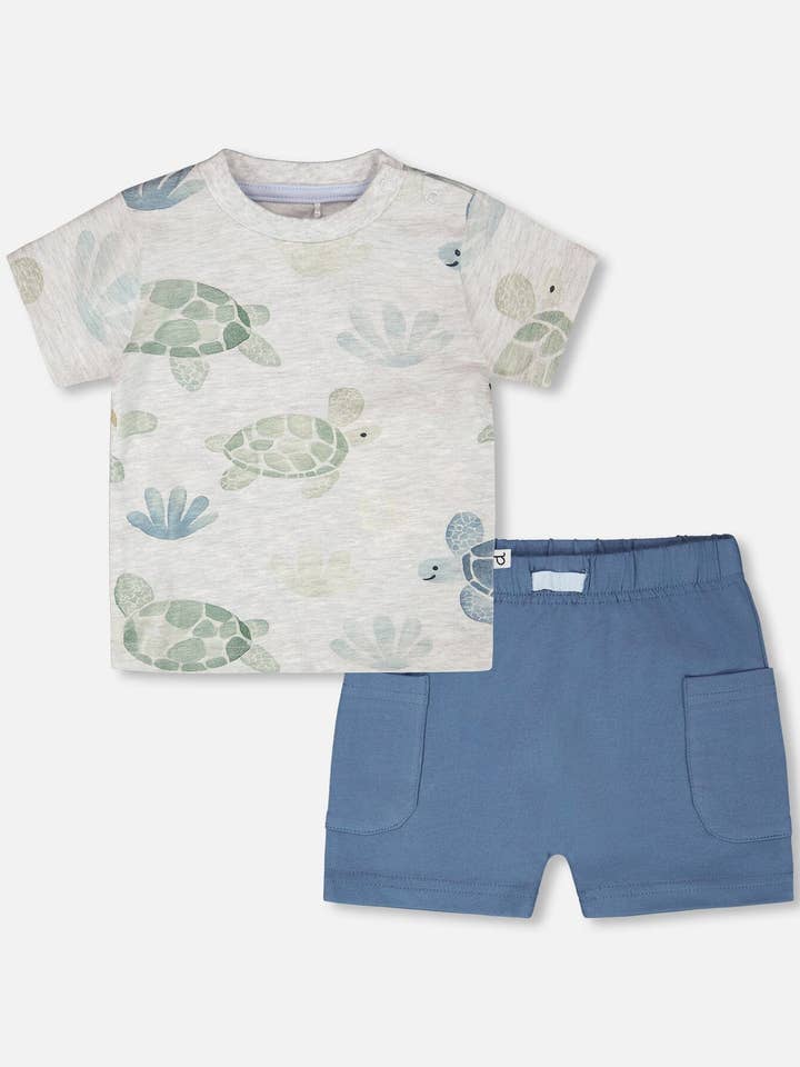 Jersey T-Shirt And Organic Cotton Jersey Shorts Set Grey Mix Turtle Print And Medium Blue
for wholesale by Deux par Deux