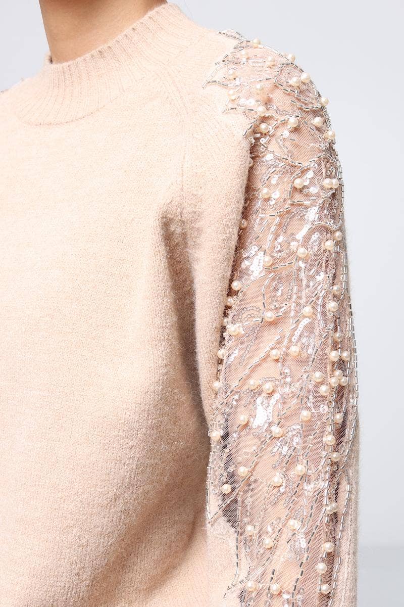 DIX-ONZE - Wholesale Knit Sweater - Women's - Soft Knit Sweater – Sequin & Pearl Details on Sleeves7