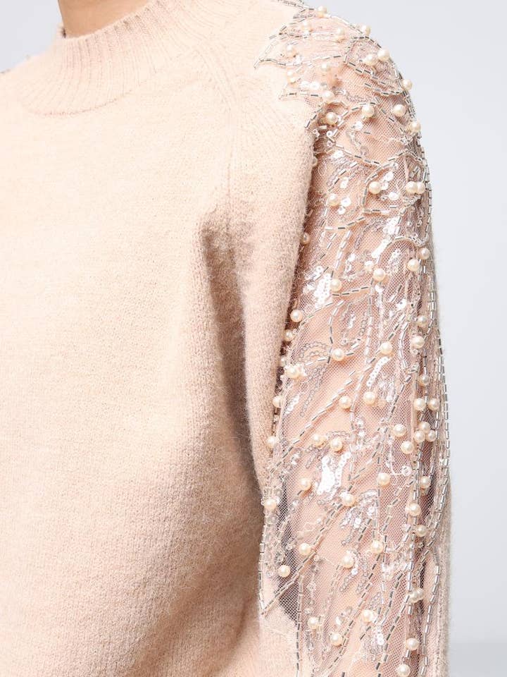 DIX-ONZE - Wholesale Knit Sweater - Women's - Soft Knit Sweater – Sequin & Pearl Details on Sleeves7