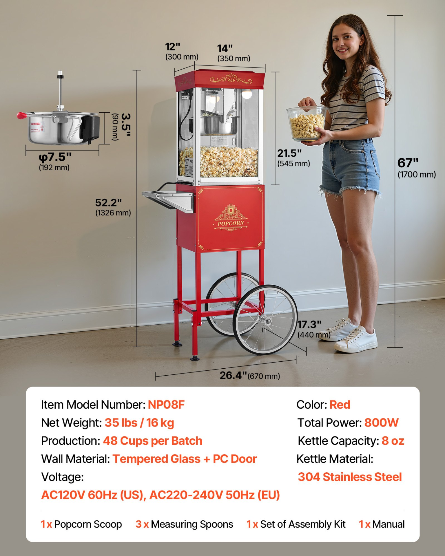 VEVOR Popcorn Machine with Cart, 8oz Stainless Steel Kettle, 800W Commercial Popcorn Maker, 48 Cups per Batch Theater Style Popper, with 2-Button Control Glass Wall PC Door 1 Scoop 3 Spoons, Red for wholesale on Faire5
