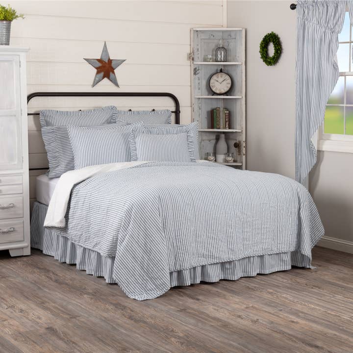 VHC Brands - Wholesale Coverlet - Sawyer Mill Blue Ticking Stripe Twin Quilt Coverlet 68Wx86L